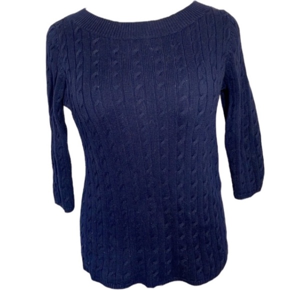 Talbots Cotton Cable Knit Sweater Navy Blue Cropped Sleeves Boat Neck Bateau 1Xp - Picture 1 of 16